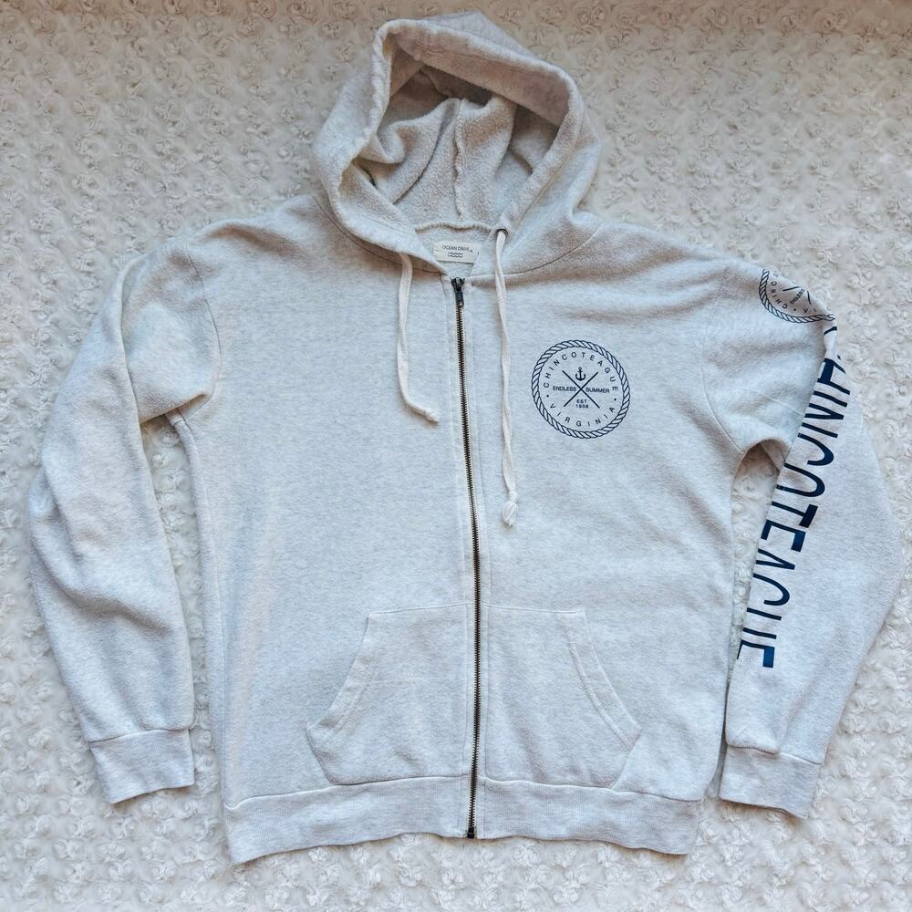 Ocean Drive Chincoteague Virginia Summer Oatmeal Oversized Full Zip Hoodie Large